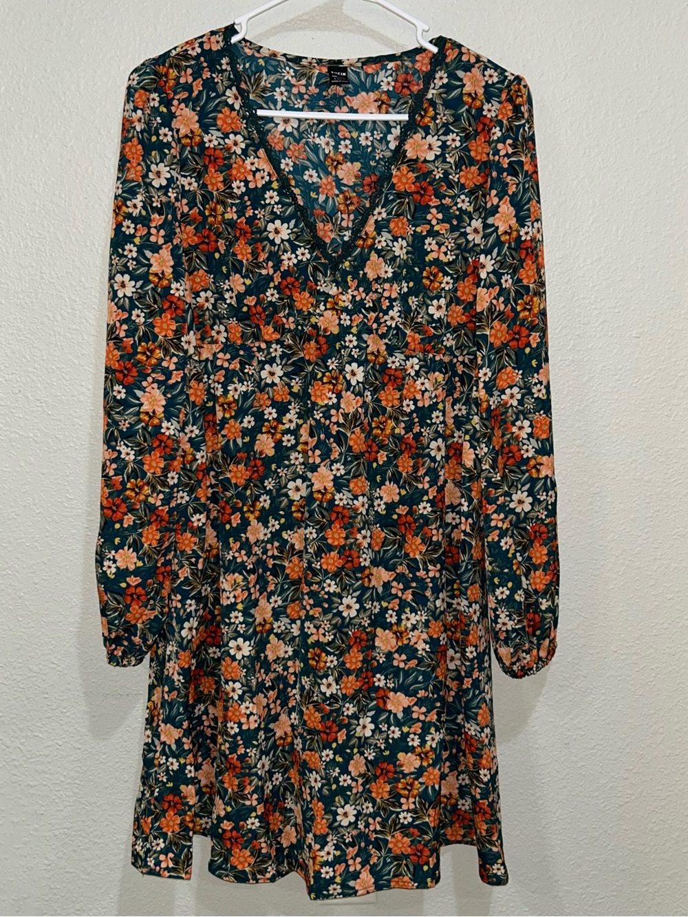 SHEIN Dark Blue- Green Floral Long Sleeve V-Neck Dress